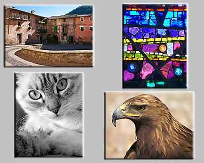 thumbnails of the puzzles Puzzles: Bath interrupted, Sant Privat d"en Bas, Stained glass, Eagle and the mystery puzzle with bricks and windows