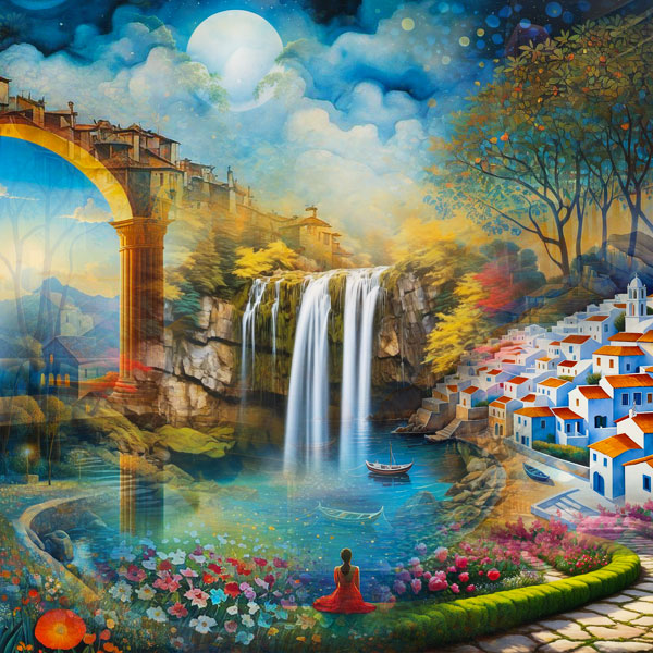 A collage showcasing the whimsical worlds within the Enchanted Scapes 1 puzzle collection.