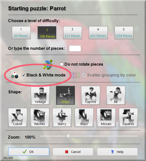 Check the option Black & White to try this new feature from BrainsBreaker