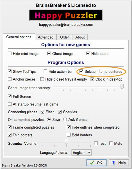 To place the solution frame on the center of the screen select "Solution frame centered" in the General Options of the program