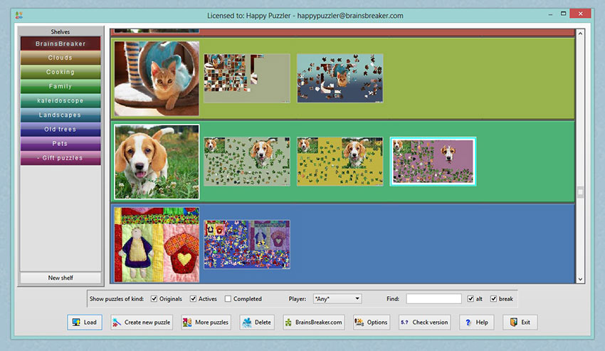 Galería de BrainsBreaker con las dos opciones marcadas: Los puzzles maestros se colocan en la primera columna y a la derecha los juegos guardados, y además cada línea se resalta con un color diferente.