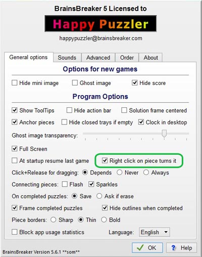 With this setting, the pieces of your puzzles will turn with a right click of the mouse over them