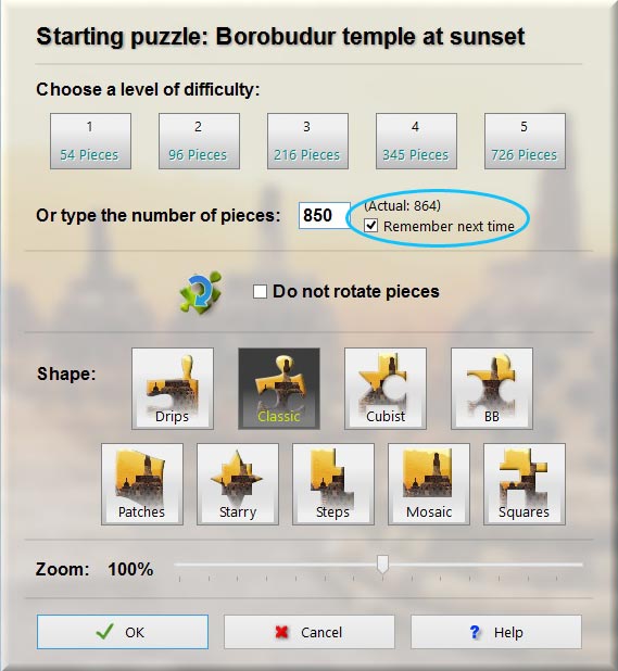 Marcando esta opción, BrainsBreaker recordará el número de piezas introducido para el siguiente puzzle que empieces